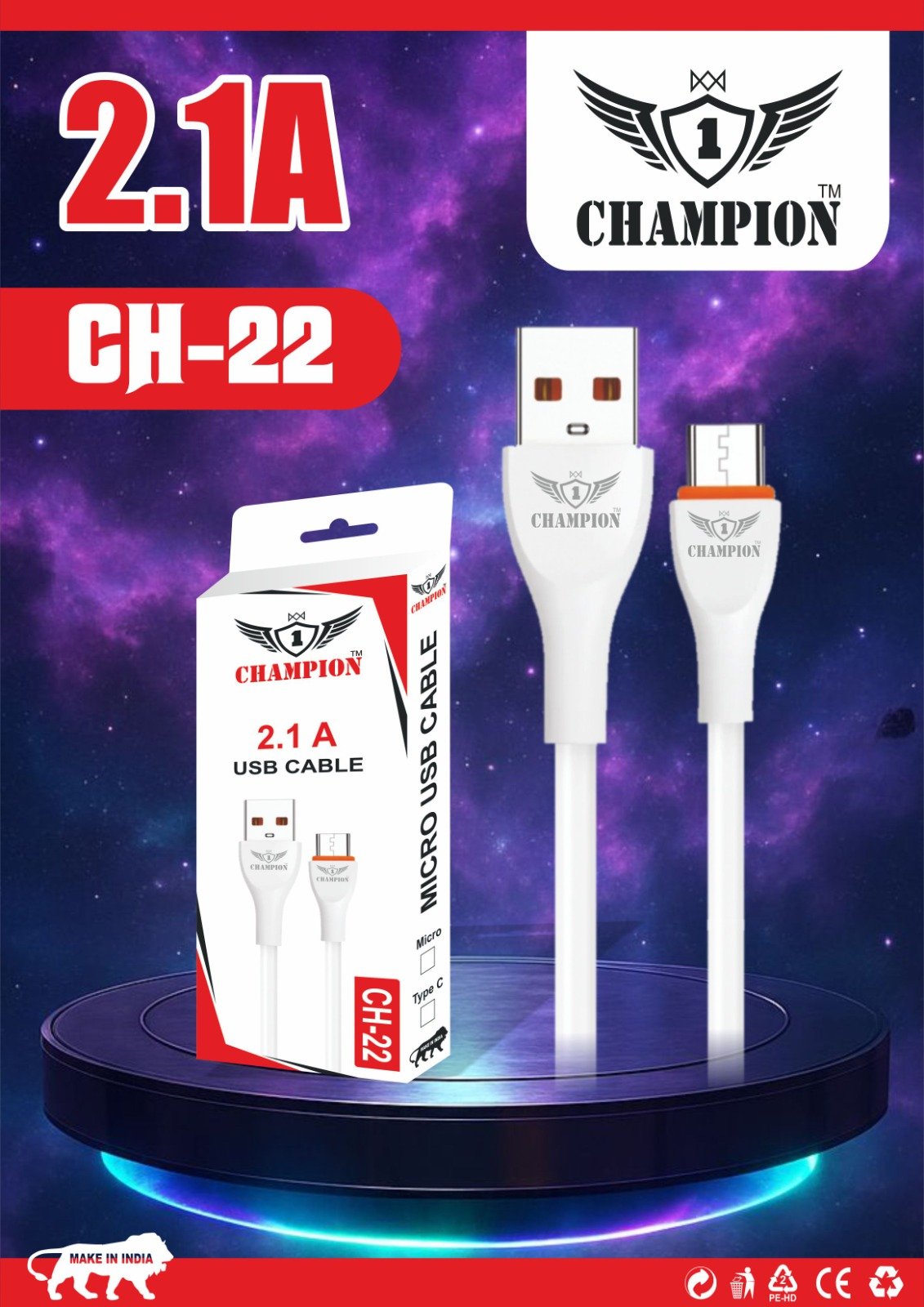 CHAMPION CH 22 2.1 AMP TYPE C FAST CHARGING CABLE