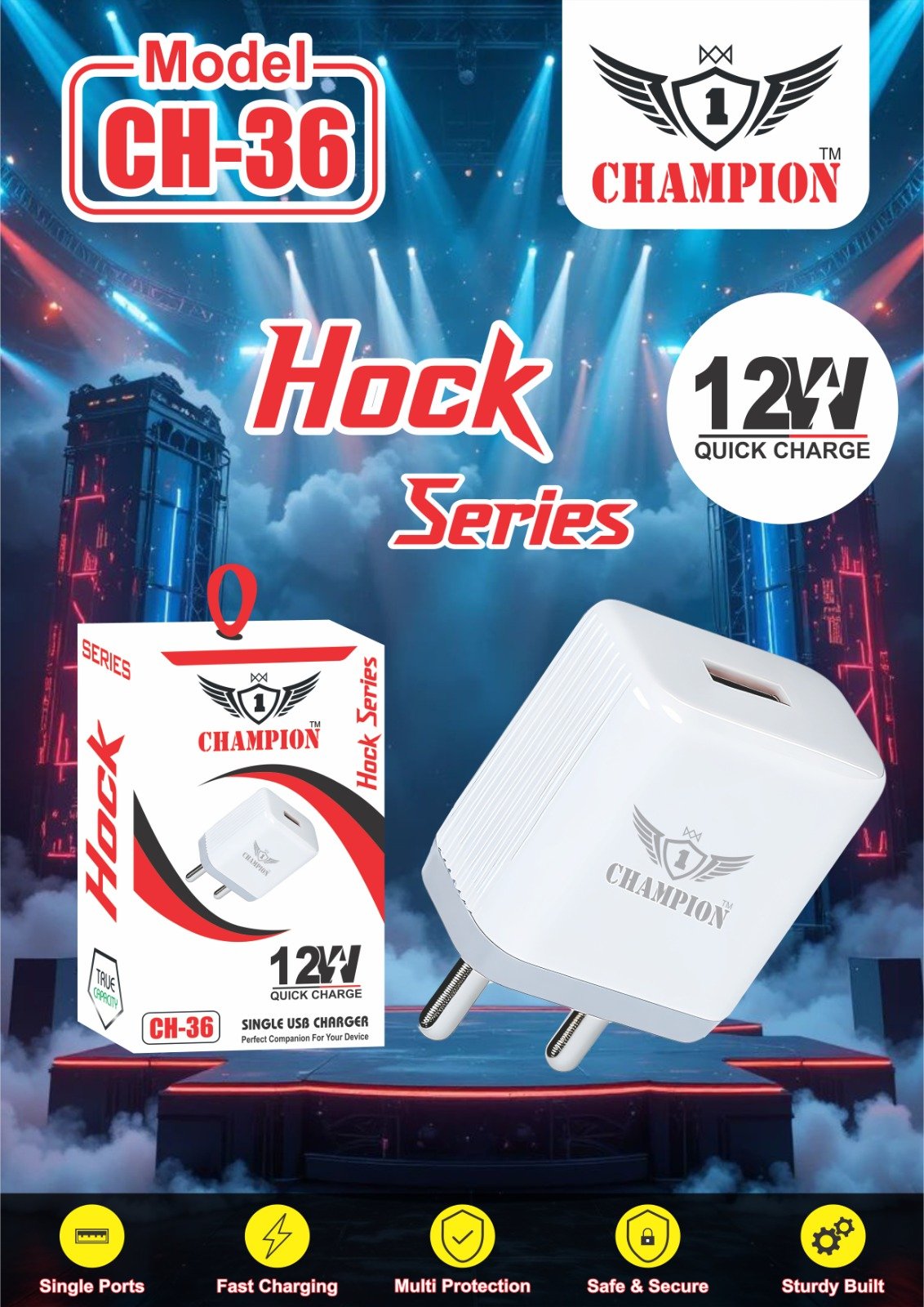 CHAMPION 12 W TYPE C FAST SINGLE USB CHARGER WITH WARRANTY