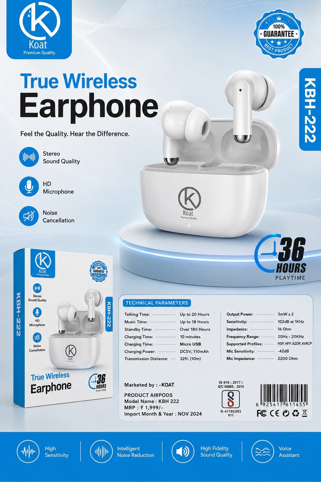 KOAT KBH 222 AIRDOPES WHITH 1 YEAR WARRANTY