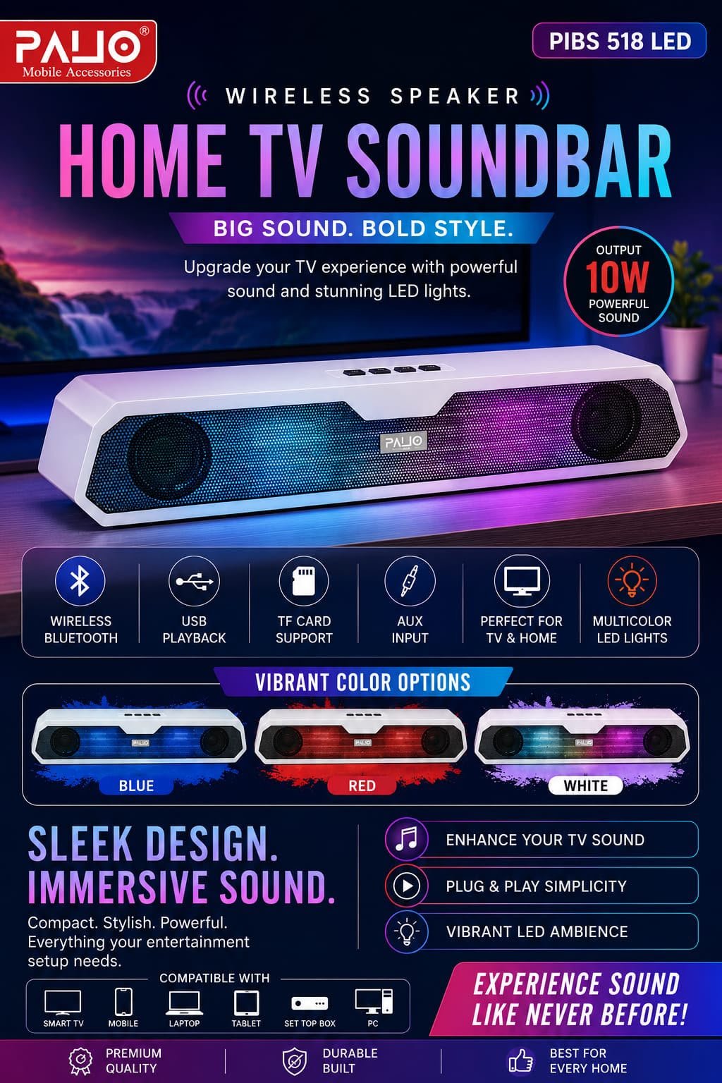 palio pibs 518 led wireless home tv soundbar