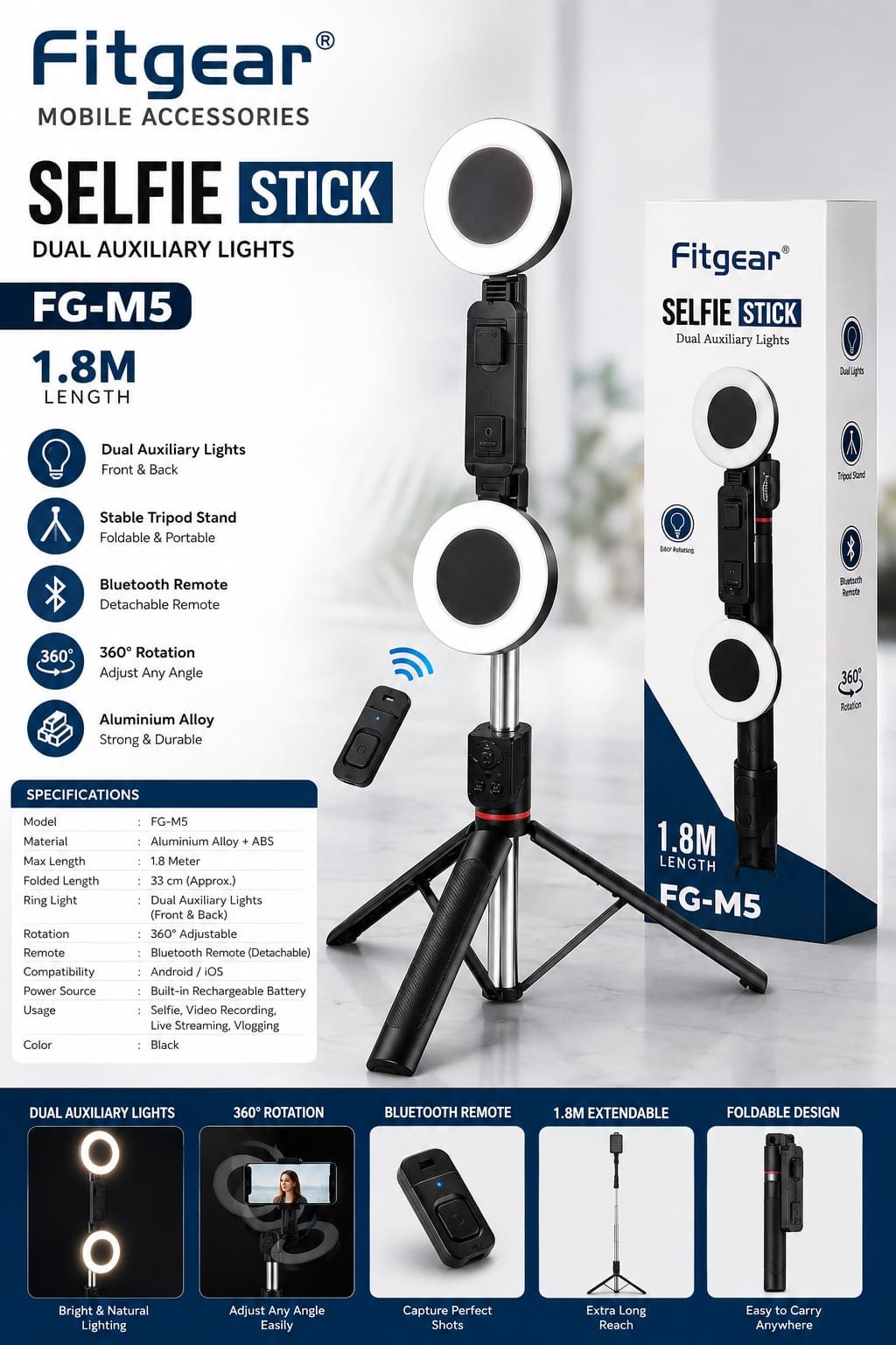 fitgear fg m5 1.8 m selfi stick