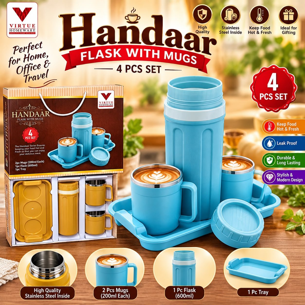 HANDAAR FLASK WITH MUGS 4 PES SET